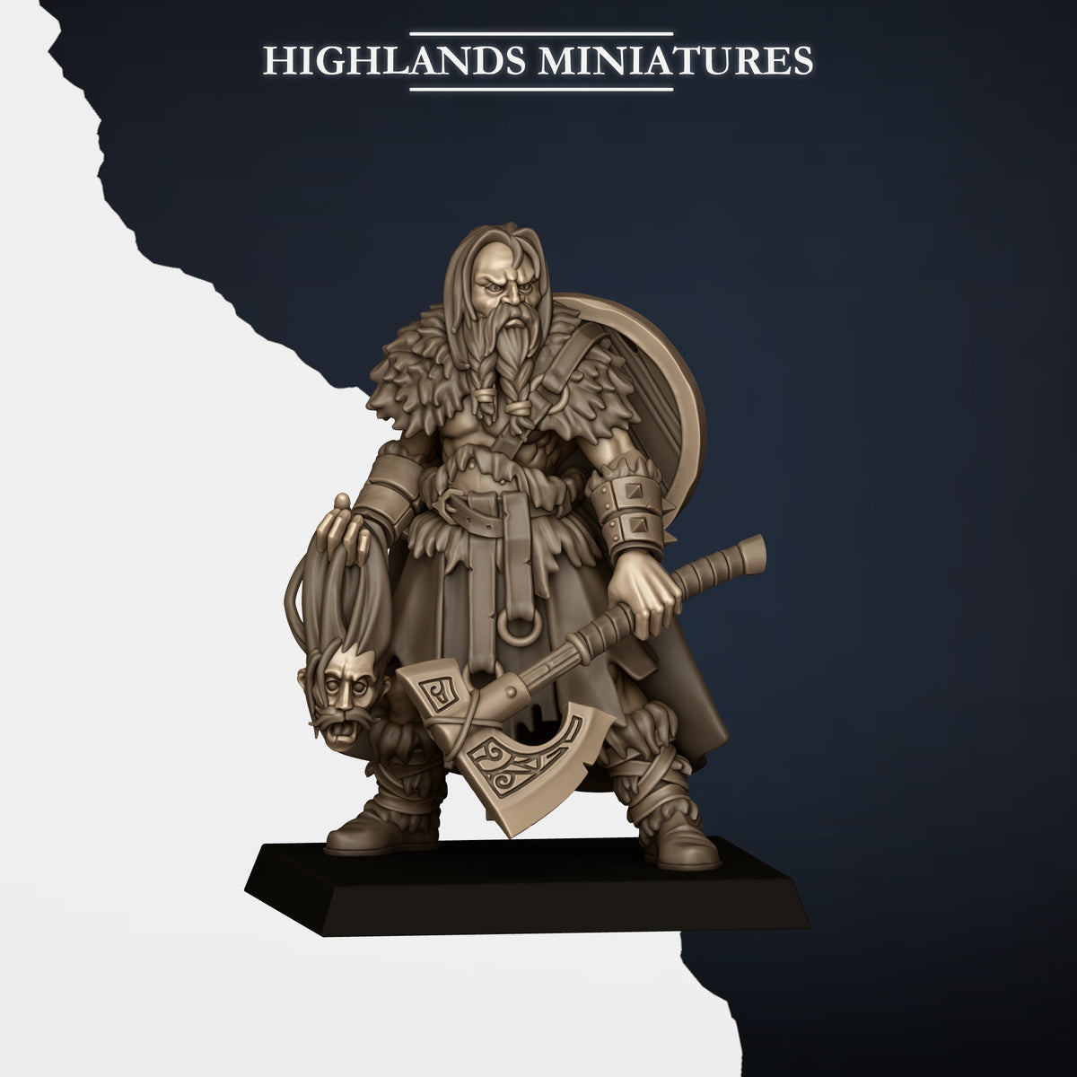 Norse Raiders Command Group captain with axe and a severed head, resin miniature by Highlands Miniatures