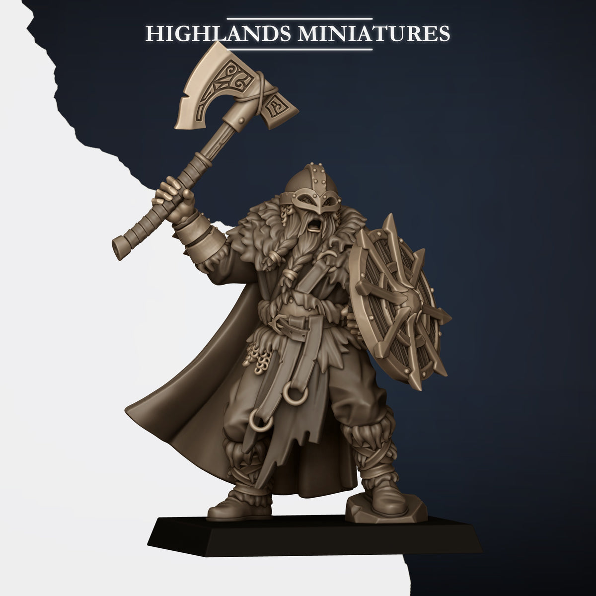 Norse Raiders two-handed unit captain (sold in the Two-Handed Command Group listing) with axe and shield, Highlands Miniatures render