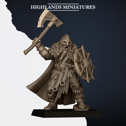 Norse Raiders two-handed unit captain (sold in the Two-Handed Command Group listing) with axe and shield, Highlands Miniatures render