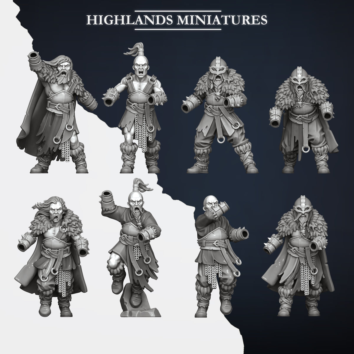 Norse Raiders modular bodies sheet, eight of the male raiders with open weapon and shield sockets, Highlands Miniatures render