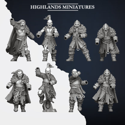 Norse Raiders modular bodies sheet, eight of the male raiders with open weapon and shield sockets, Highlands Miniatures render