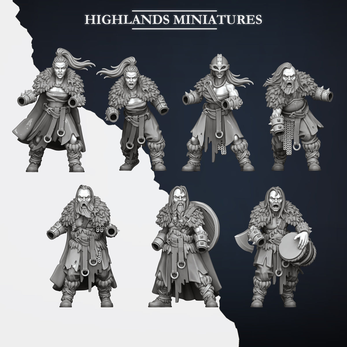 Norse Raiders modular bodies sheet, the shieldmaidens, remaining raiders and the musician with open sockets, Highlands Miniatures render