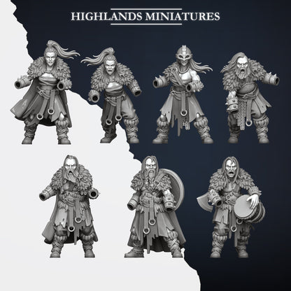 Norse Raiders modular bodies sheet, the shieldmaidens, remaining raiders and the musician with open sockets, Highlands Miniatures render