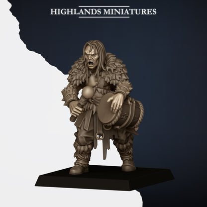 Norse Raiders musician (sold in the command group listing) with hide drum, Highlands Miniatures render