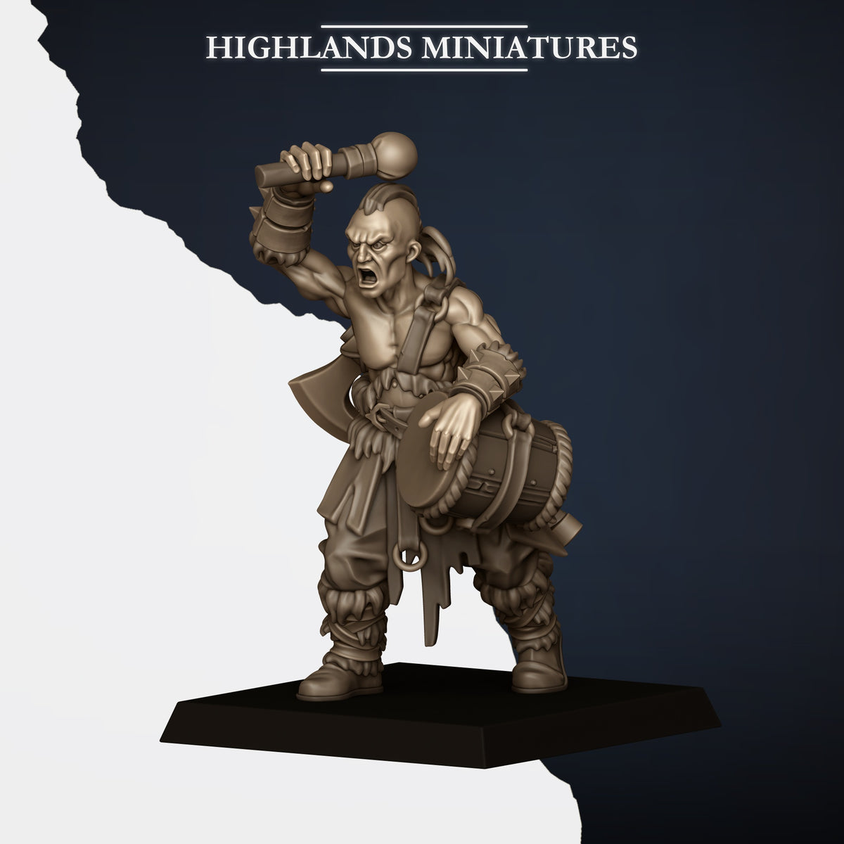 Norse Raiders two-handed unit musician (sold in the Two-Handed Command Group listing) with drum, Highlands Miniatures render