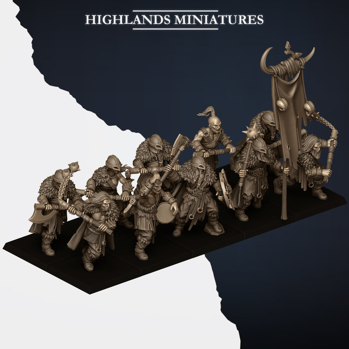 Two-handed Norse Raiders command group in a ranked unit, three-quarter view, Highlands Miniatures render