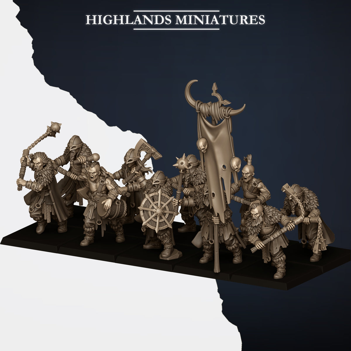 Two-handed Norse Raiders unit with command, three-quarter view from the right, Highlands Miniatures render