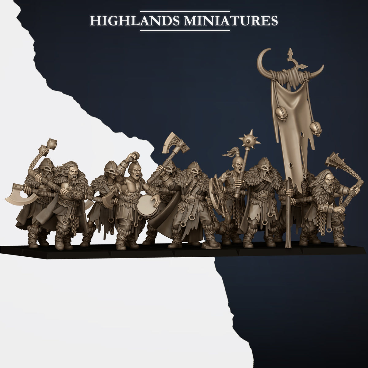 Norse Raiders with two-handed weapons ranked as a unit with command, front view, resin miniatures by Highlands Miniatures