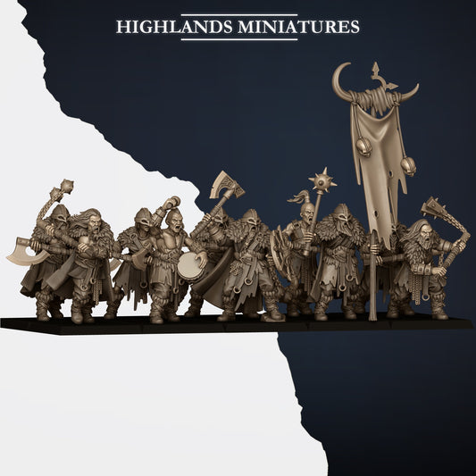Norse Raiders with two-handed weapons ranked as a unit with command, front view, resin miniatures by Highlands Miniatures