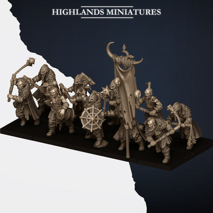 Two-handed Norse Raiders unit with command, second three-quarter view, Highlands Miniatures render