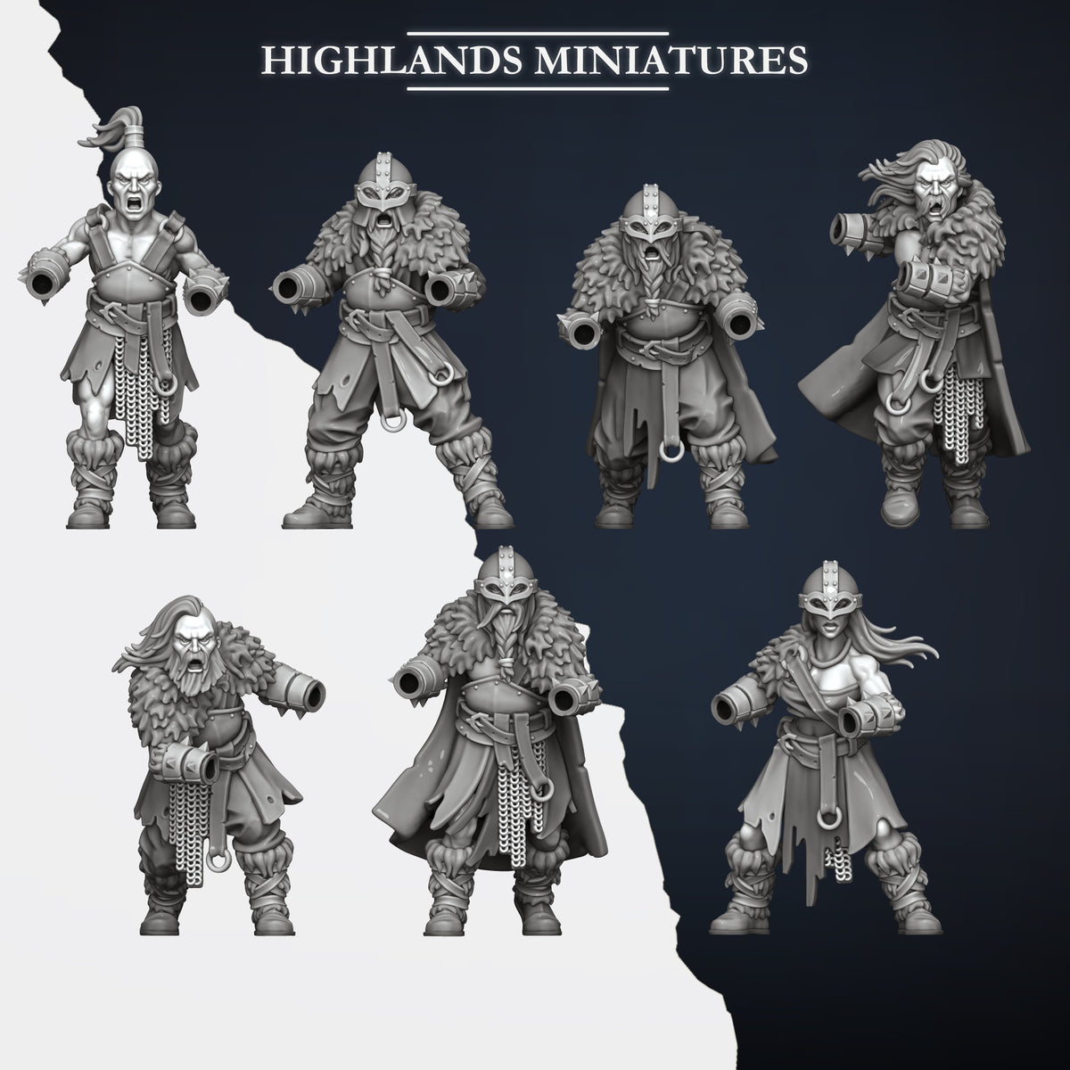 Two-handed Norse Raiders modular bodies sheet, the seven bodies with open weapon sockets, Highlands Miniatures render