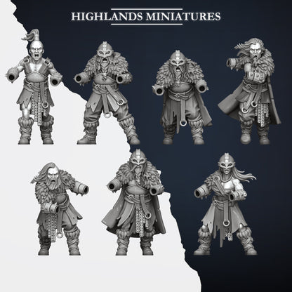 Two-handed Norse Raiders modular bodies sheet, the seven bodies with open weapon sockets, Highlands Miniatures render