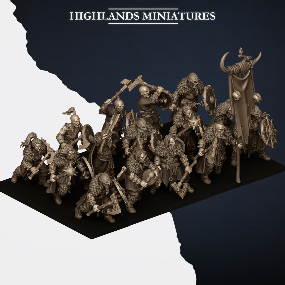 Norse Raiders command group in a ranked unit, three-quarter view, Highlands Miniatures render