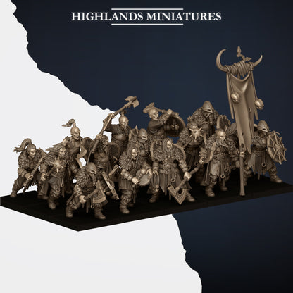 Norse Raiders unit with command group, three-quarter view from the right, Highlands Miniatures render