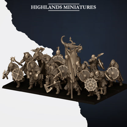 Norse Raiders ranked as a unit with captain, bannerman and musician, front view, resin miniatures by Highlands Miniatures