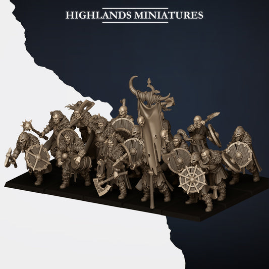 Norse Raiders ranked as a unit with captain, bannerman and musician, front view, resin miniatures by Highlands Miniatures