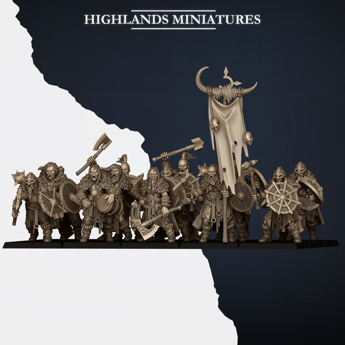 Norse Raiders unit with command group, second front view, Highlands Miniatures render