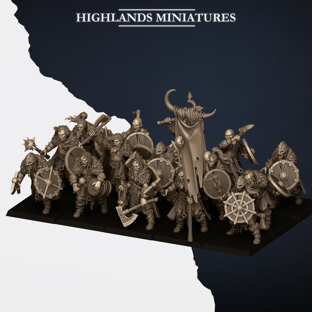 Norse Raiders unit with command group, second three-quarter view, Highlands Miniatures render