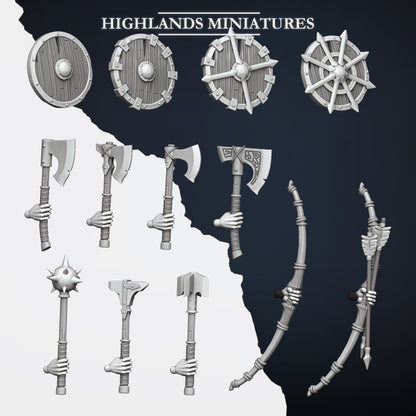 Norse Raider weaponry sheet: four shield designs, axes, mace, hammers and spears, Highlands Miniatures render