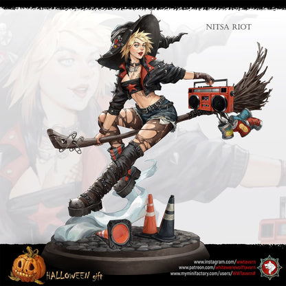 Render of Nitsa Riot | 32-75mm Punk Witch Miniature: Punk witch on a broom with boombox, spiked hat, and leather jacket, from White Werewolf's Spirits of Slavic Myth. 32-75mm 3D printed resin miniature.