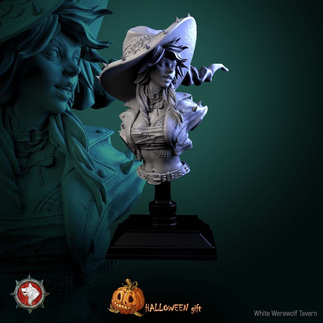 Render of Nitsa Riot Bust | Punk Witch Collector Bust: Fanged punk witch bust in spiked hat and studded jacket with pentacle chains, from White Werewolf's Spirits of Slavic Myth. 3D printed resin bust.