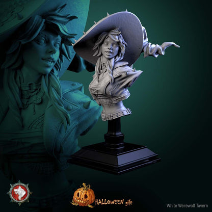 Render of Nitsa Riot Bust | Punk Witch Collector Bust: Fanged punk witch bust in spiked hat and studded jacket with pentacle chains, from White Werewolf's Spirits of Slavic Myth. 3D printed resin bust.