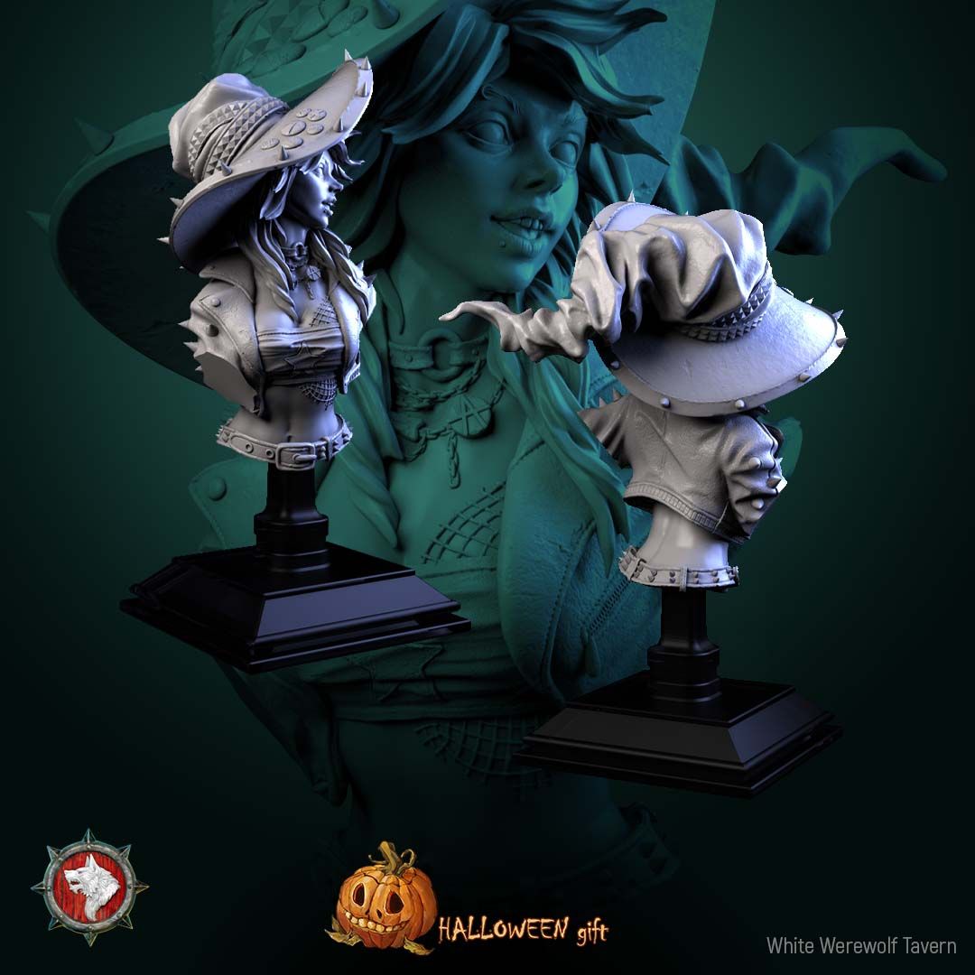 Render of Nitsa Riot Bust | Punk Witch Collector Bust: Fanged punk witch bust in spiked hat and studded jacket with pentacle chains, from White Werewolf's Spirits of Slavic Myth. 3D printed resin bust.