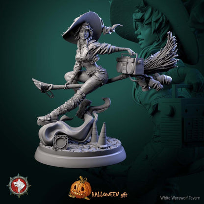 Render of Nitsa Riot | 32-75mm Punk Witch Miniature: Punk witch on a broom with boombox, spiked hat, and leather jacket, from White Werewolf's Spirits of Slavic Myth. 32-75mm 3D printed resin miniature.