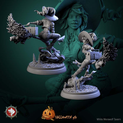Render of Nitsa Riot | 32-75mm Punk Witch Miniature: Punk witch on a broom with boombox, spiked hat, and leather jacket, from White Werewolf's Spirits of Slavic Myth. 32-75mm 3D printed resin miniature.