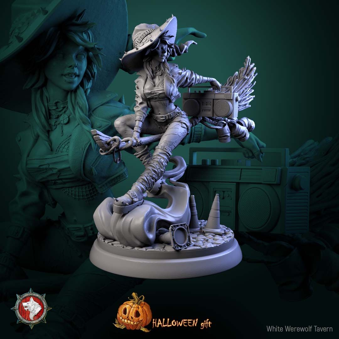 Render of Nitsa Riot | 32-75mm Punk Witch Miniature: Punk witch on a broom with boombox, spiked hat, and leather jacket, from White Werewolf's Spirits of Slavic Myth. 32-75mm 3D printed resin miniature.