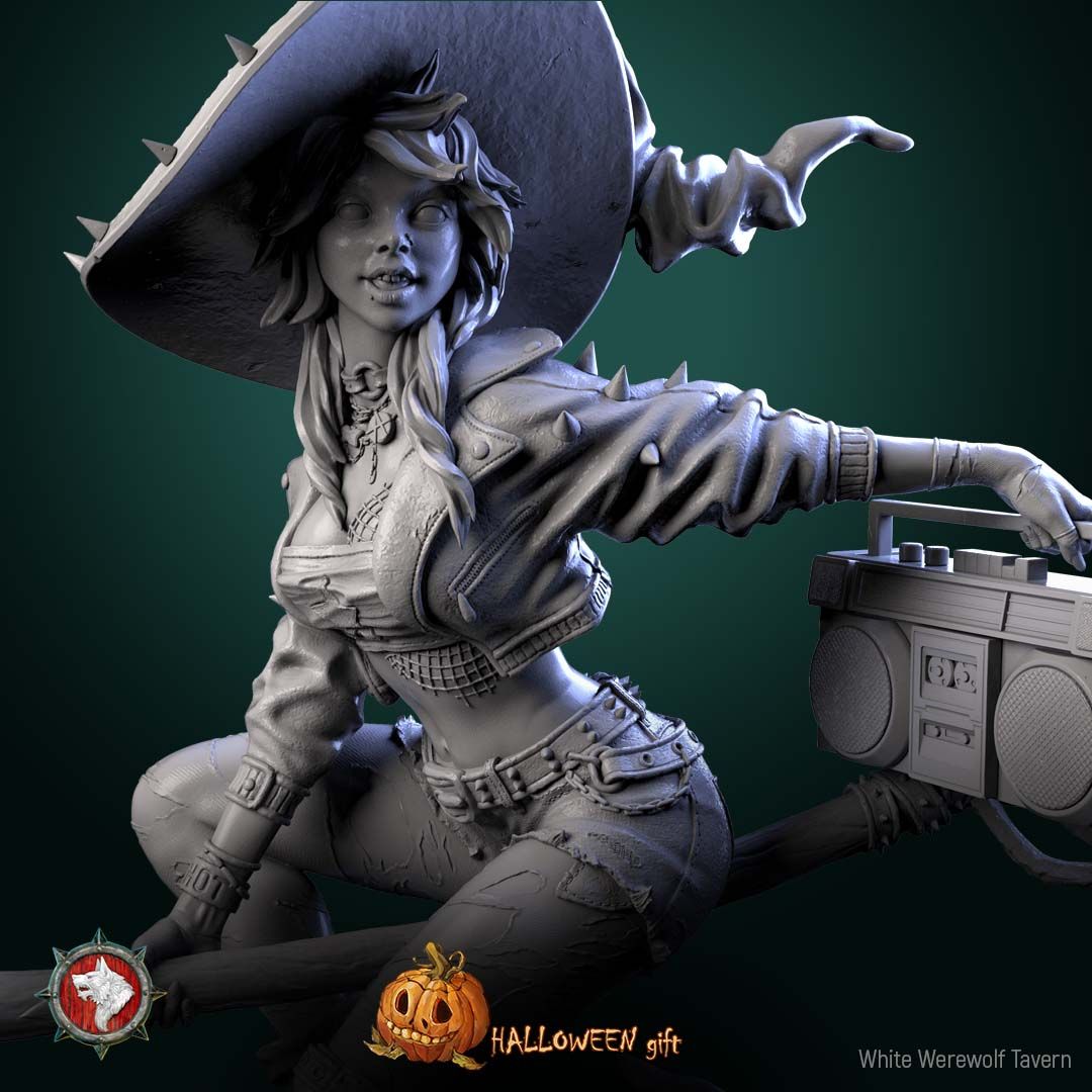 Render of Nitsa Riot | 32-75mm Punk Witch Miniature: Punk witch on a broom with boombox, spiked hat, and leather jacket, from White Werewolf's Spirits of Slavic Myth. 32-75mm 3D printed resin miniature.