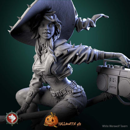 Render of Nitsa Riot | 32-75mm Punk Witch Miniature: Punk witch on a broom with boombox, spiked hat, and leather jacket, from White Werewolf's Spirits of Slavic Myth. 32-75mm 3D printed resin miniature.