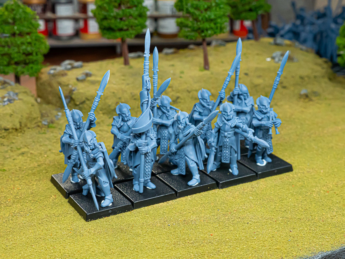 Feral Spearmen printed in resin and ranked on square bases, unpainted, Highlands Miniatures photo