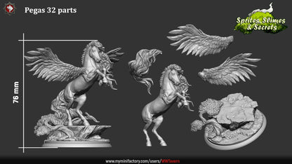 Render of Pegasus | 32-75mm Winged Stallion Miniature: Rearing winged pegasus with spread wings and flowing mane, from White Werewolf's Sprites, Slimes and Secrets. 32-75mm 3D printed resin miniature.