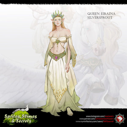 Render of Queen Eiraina Silversprout | 32-75mm Elf Queen Miniature: Crowned elf queen with war horn on a stone round with wind-bent tree, from White Werewolf's Sprites, Slimes and Secrets. 32-75mm 3D printed resin.