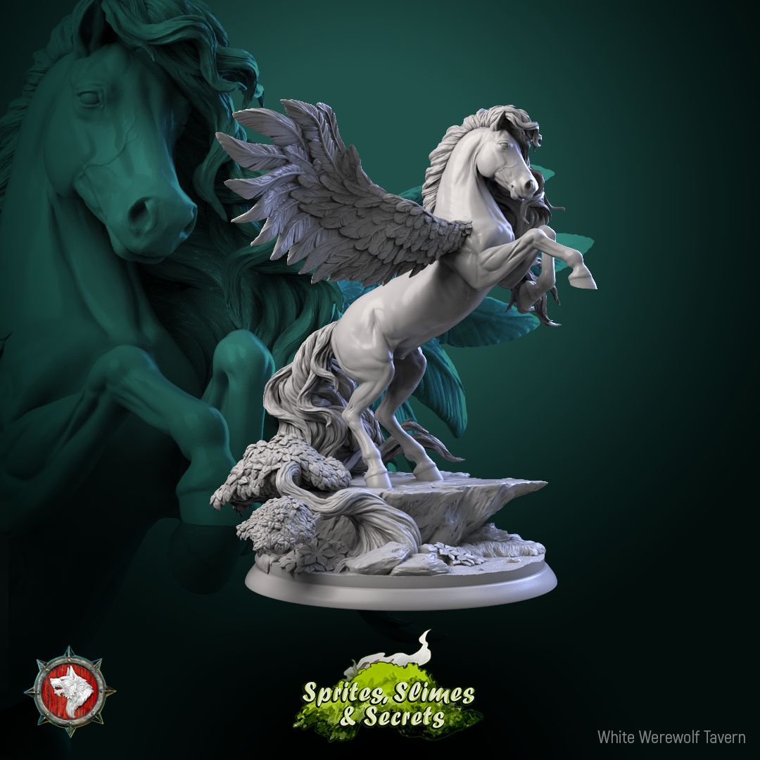 Render of Pegasus | 32-75mm Winged Stallion Miniature: Rearing winged pegasus with spread wings and flowing mane, from White Werewolf's Sprites, Slimes and Secrets. 32-75mm 3D printed resin miniature.