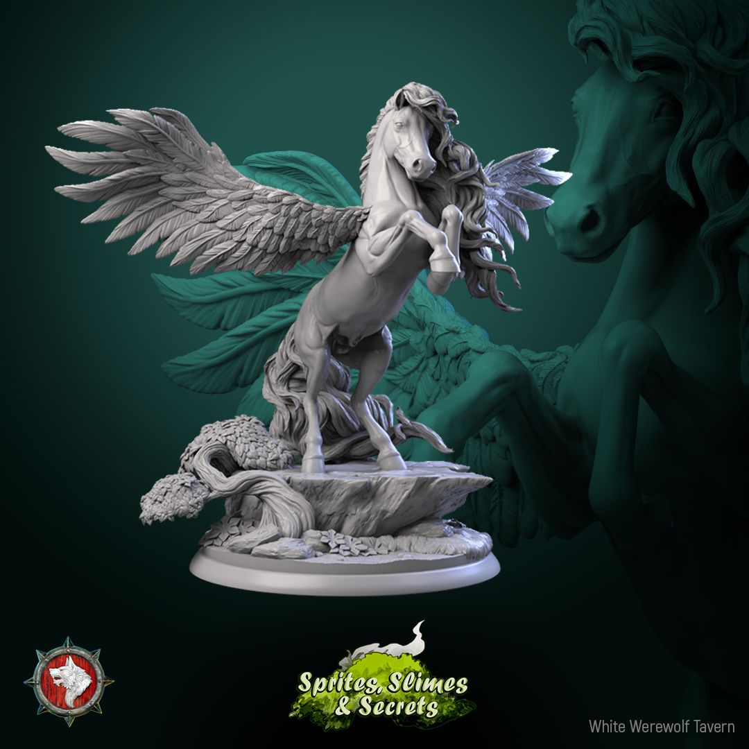 Render of Pegasus | 32-75mm Winged Stallion Miniature: Rearing winged pegasus with spread wings and flowing mane, from White Werewolf's Sprites, Slimes and Secrets. 32-75mm 3D printed resin miniature.