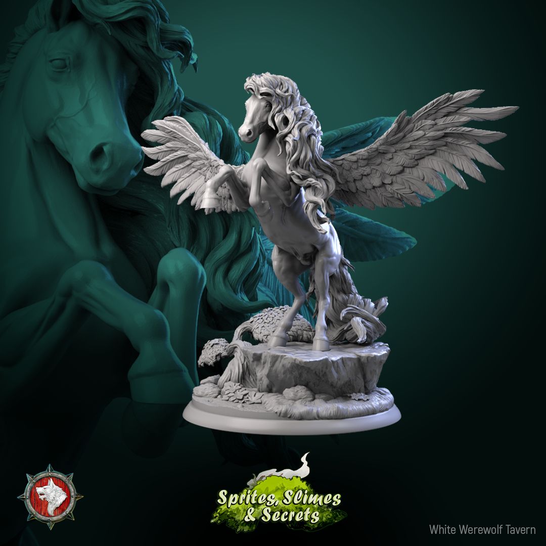 Render of Pegasus | 32-75mm Winged Stallion Miniature: Rearing winged pegasus with spread wings and flowing mane, from White Werewolf's Sprites, Slimes and Secrets. 32-75mm 3D printed resin miniature.
