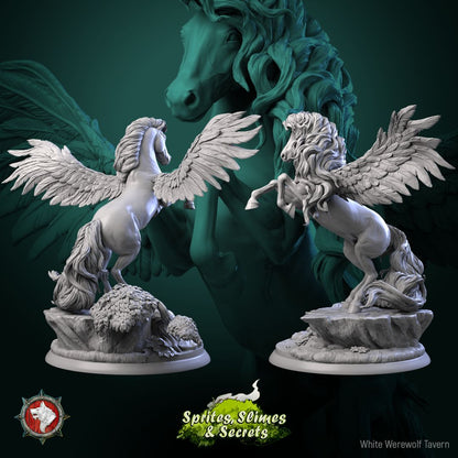 Render of Pegasus | 32-75mm Winged Stallion Miniature: Rearing winged pegasus with spread wings and flowing mane, from White Werewolf's Sprites, Slimes and Secrets. 32-75mm 3D printed resin miniature.