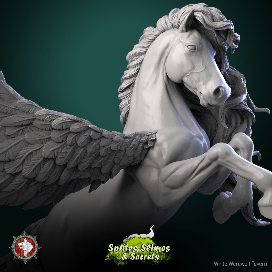 Render of Pegasus | 32-75mm Winged Stallion Miniature: Rearing winged pegasus with spread wings and flowing mane, from White Werewolf's Sprites, Slimes and Secrets. 32-75mm 3D printed resin miniature.