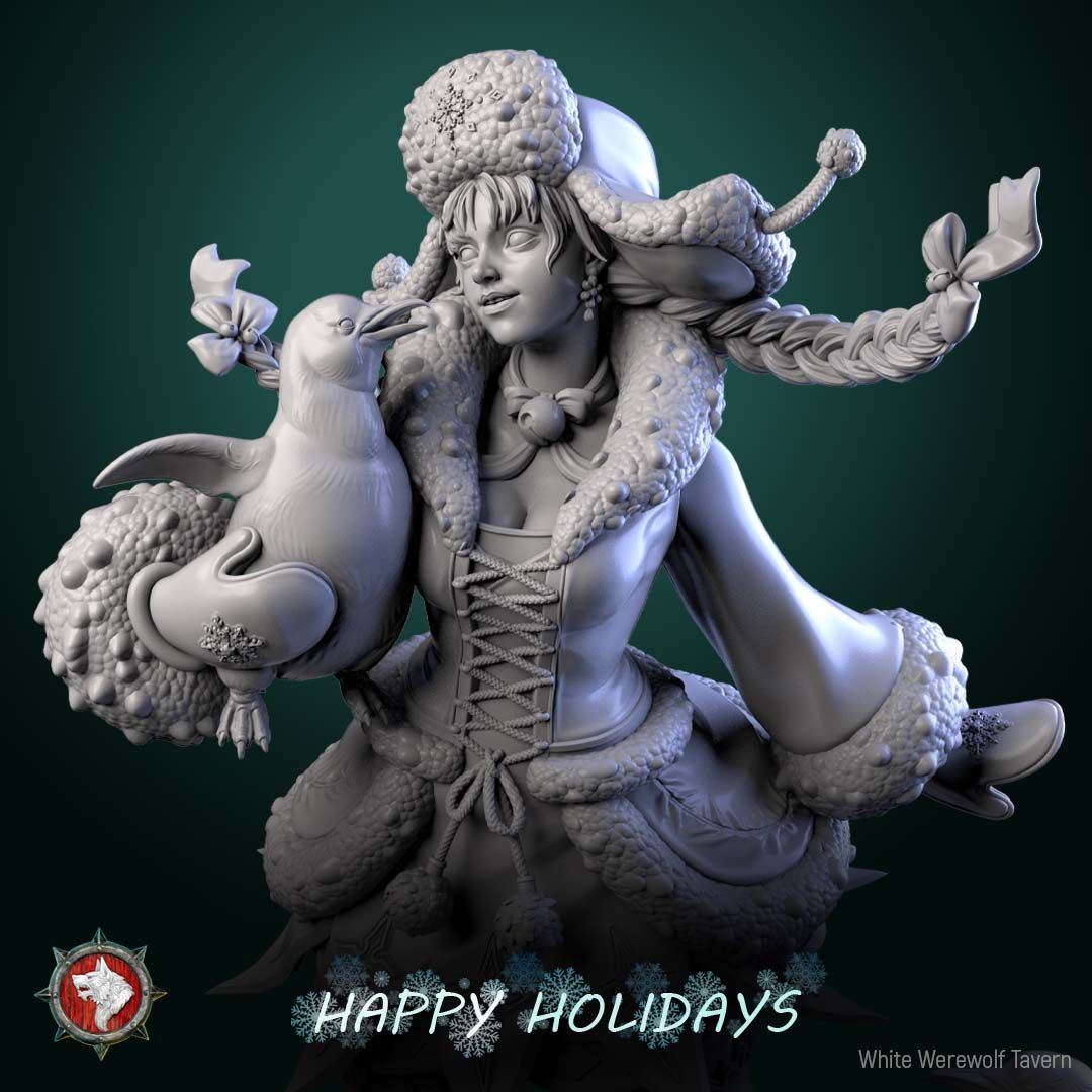 Render of Penguin Princess | 32-75mm Winter Holiday Miniature: Winter girl in ushanka and fur-trimmed dress with three penguins on a snow mound, from White Werewolf's The Longest Night. 32-75mm 3D printed resin.