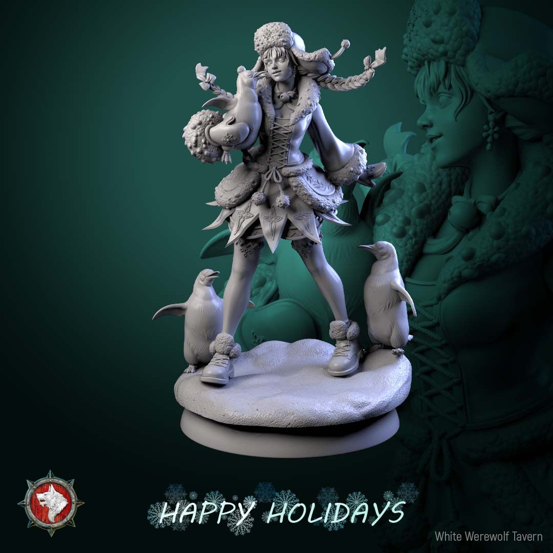 Render of Penguin Princess | 32-75mm Winter Holiday Miniature: Winter girl in ushanka and fur-trimmed dress with three penguins on a snow mound, from White Werewolf's The Longest Night. 32-75mm 3D printed resin.