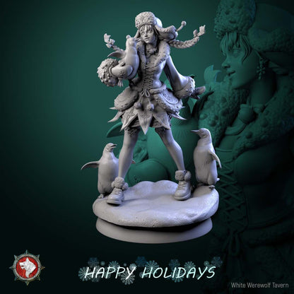 Render of Penguin Princess | 32-75mm Winter Holiday Miniature: Winter girl in ushanka and fur-trimmed dress with three penguins on a snow mound, from White Werewolf's The Longest Night. 32-75mm 3D printed resin.