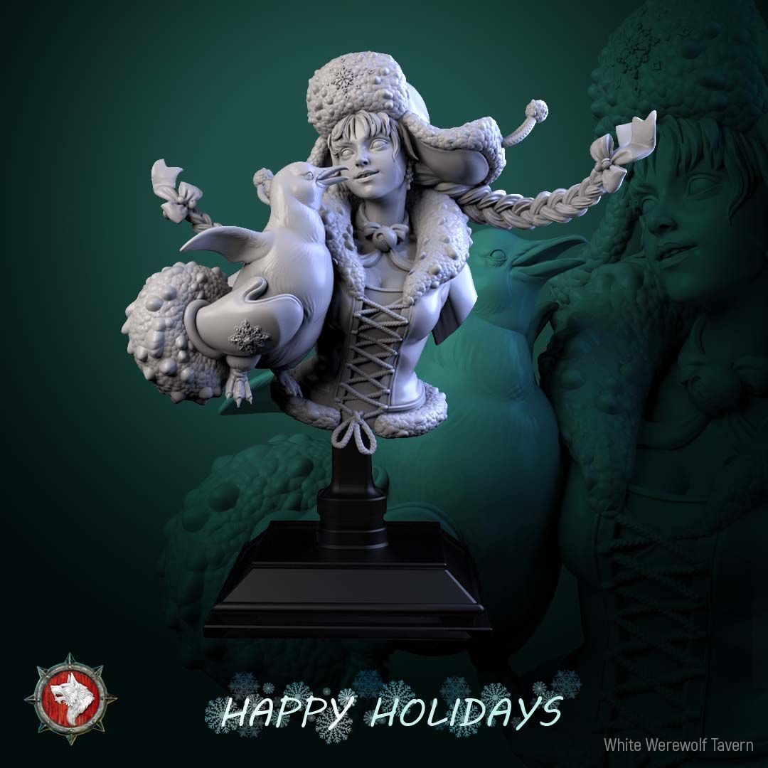Render of Penguin Princess Bust | Winter Holiday Collector Bust: Winter girl bust in snowflake ushanka with braids and a penguin at her cheek, from White Werewolf's The Longest Night. 3D printed resin collector bust.