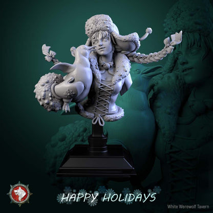 Render of Penguin Princess Bust | Winter Holiday Collector Bust: Winter girl bust in snowflake ushanka with braids and a penguin at her cheek, from White Werewolf's The Longest Night. 3D printed resin collector bust.