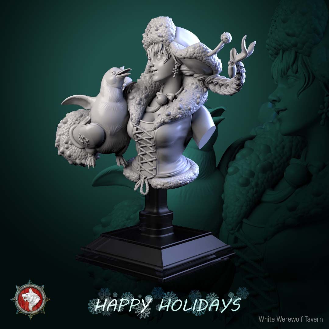 Render of Penguin Princess Bust | Winter Holiday Collector Bust: Winter girl bust in snowflake ushanka with braids and a penguin at her cheek, from White Werewolf's The Longest Night. 3D printed resin collector bust.