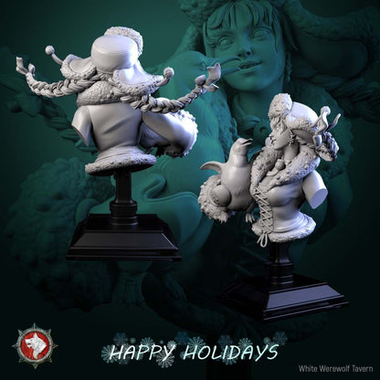Render of Penguin Princess Bust | Winter Holiday Collector Bust: Winter girl bust in snowflake ushanka with braids and a penguin at her cheek, from White Werewolf's The Longest Night. 3D printed resin collector bust.