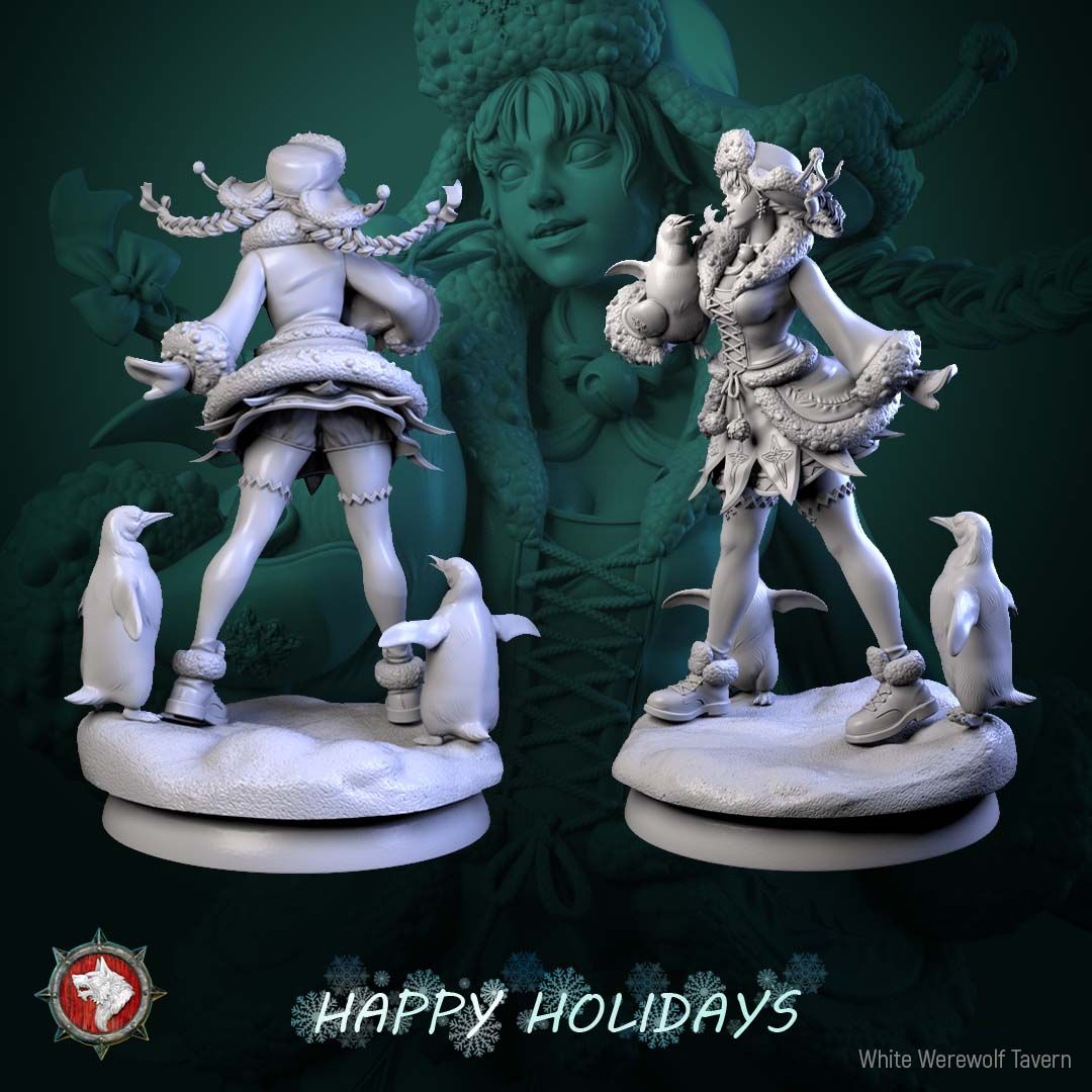 Render of Penguin Princess | 32-75mm Winter Holiday Miniature: Winter girl in ushanka and fur-trimmed dress with three penguins on a snow mound, from White Werewolf's The Longest Night. 32-75mm 3D printed resin.