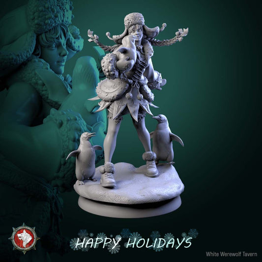 Render of Penguin Princess | 32-75mm Winter Holiday Miniature: Winter girl in ushanka and fur-trimmed dress with three penguins on a snow mound, from White Werewolf's The Longest Night. 32-75mm 3D printed resin.