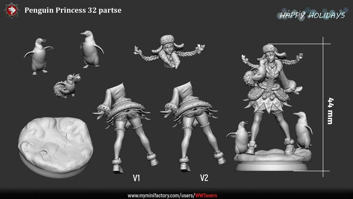 Render of Penguin Princess | 32-75mm Winter Holiday Miniature: Winter girl in ushanka and fur-trimmed dress with three penguins on a snow mound, from White Werewolf's The Longest Night. 32-75mm 3D printed resin.
